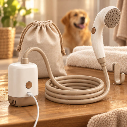 Tragbare Tierdusche mit USB-C-Pumpe, Schlauch, Duschkopf und Aufbewahrungstasche für Hunde und Katzen