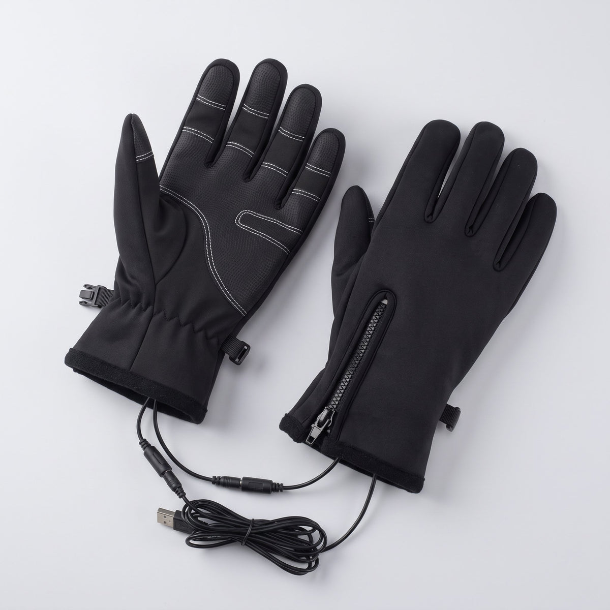 Schwarze beheizbare Handschuhe mit USB-Kabel und rutschfester Handfläche