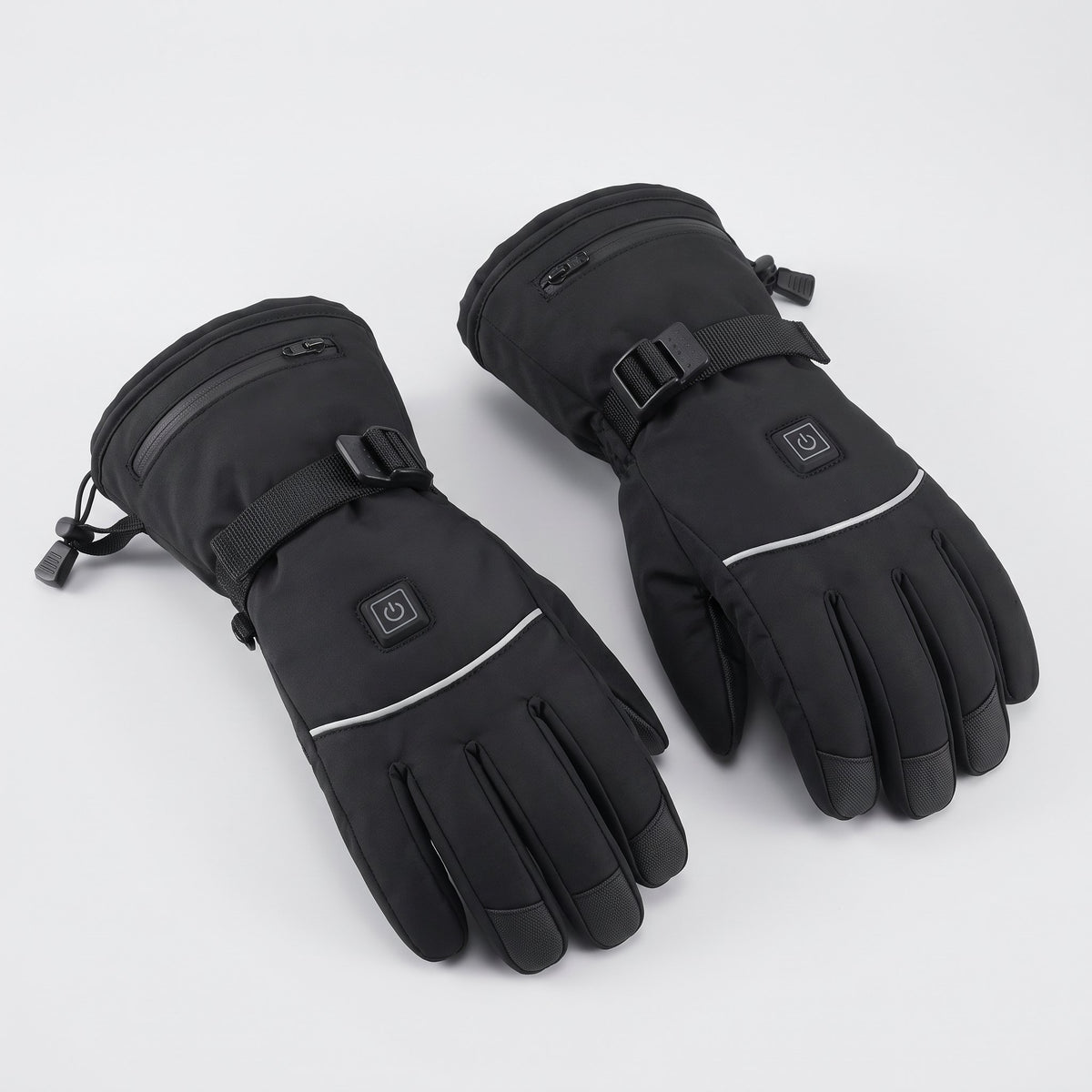 Schwarze beheizbare Winterhandschuhe mit Touchscreen-Fingerspitzen und Klettverschluss