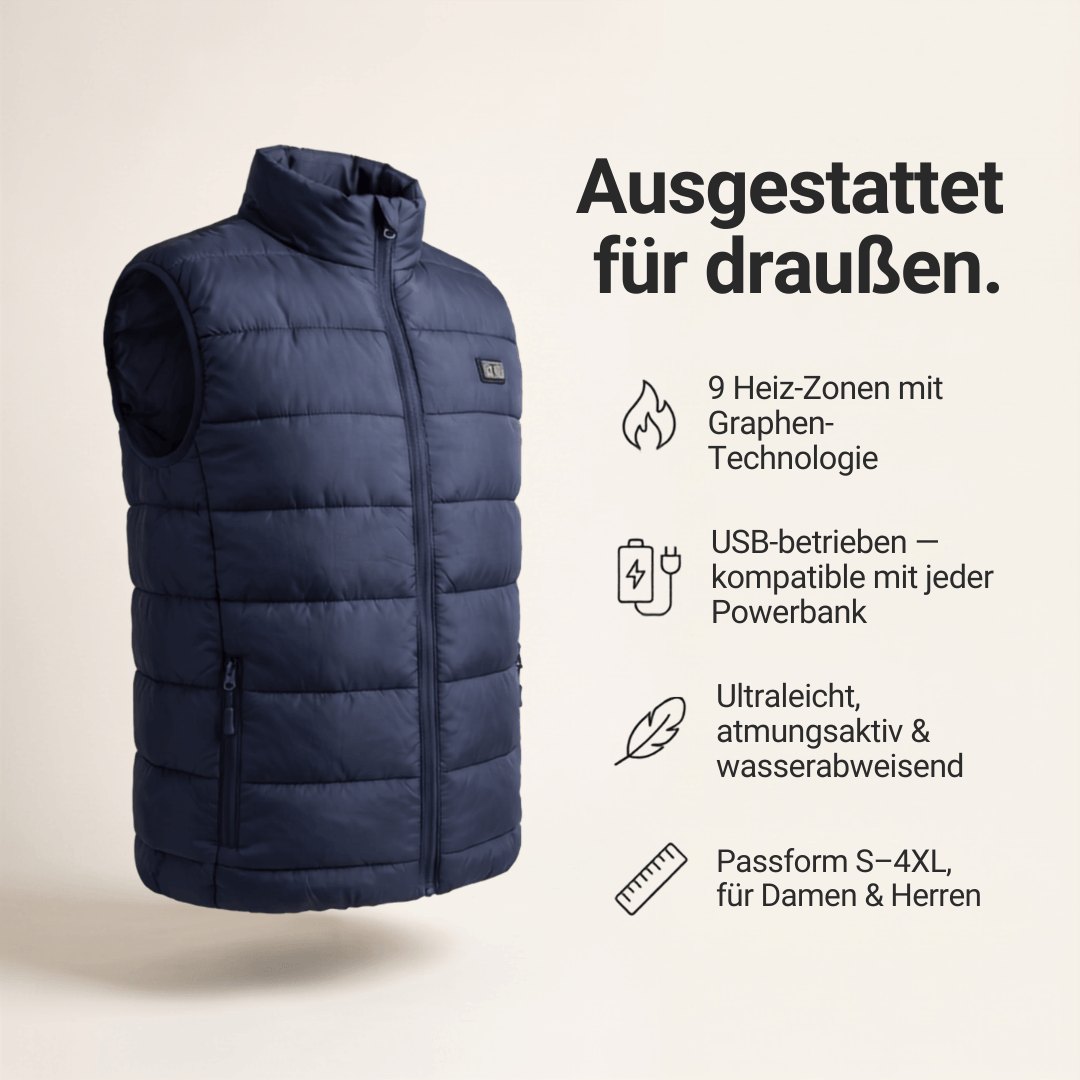 Schwarze beheizbare Herrenweste mit Reissverschluss, Umlegekragen und Taschen