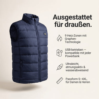 Schwarze beheizbare Herrenweste mit Reissverschluss, Umlegekragen und Taschen