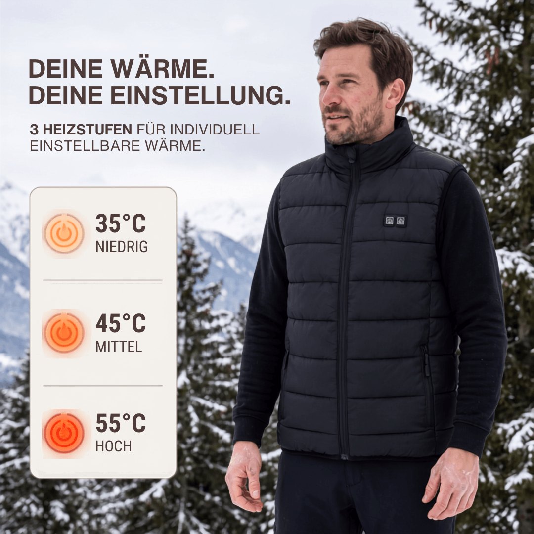 Schwarze beheizbare Herrenweste mit Reissverschluss, Umlegekragen und Taschen