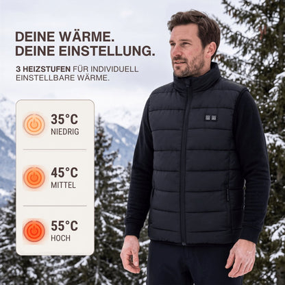 Schwarze beheizbare Herrenweste mit Reissverschluss, Umlegekragen und Taschen