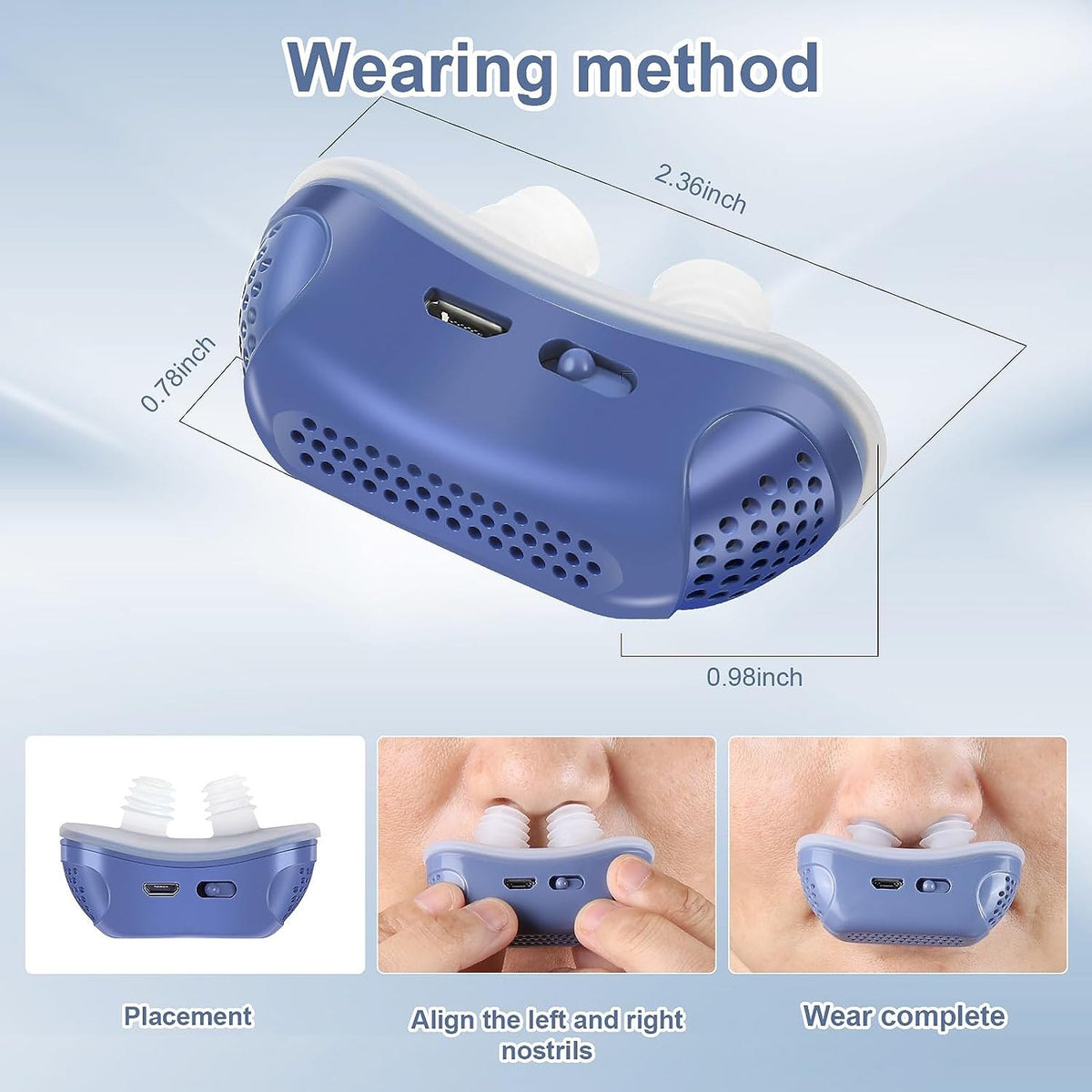 Blaues kompaktes Nasengerät mit Silikon-Aufsätzen und USB-Ladekabel