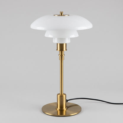 Tischlampe Glow aus geschichtetem Glas mit Metallfuss, leuchtet warmweiss