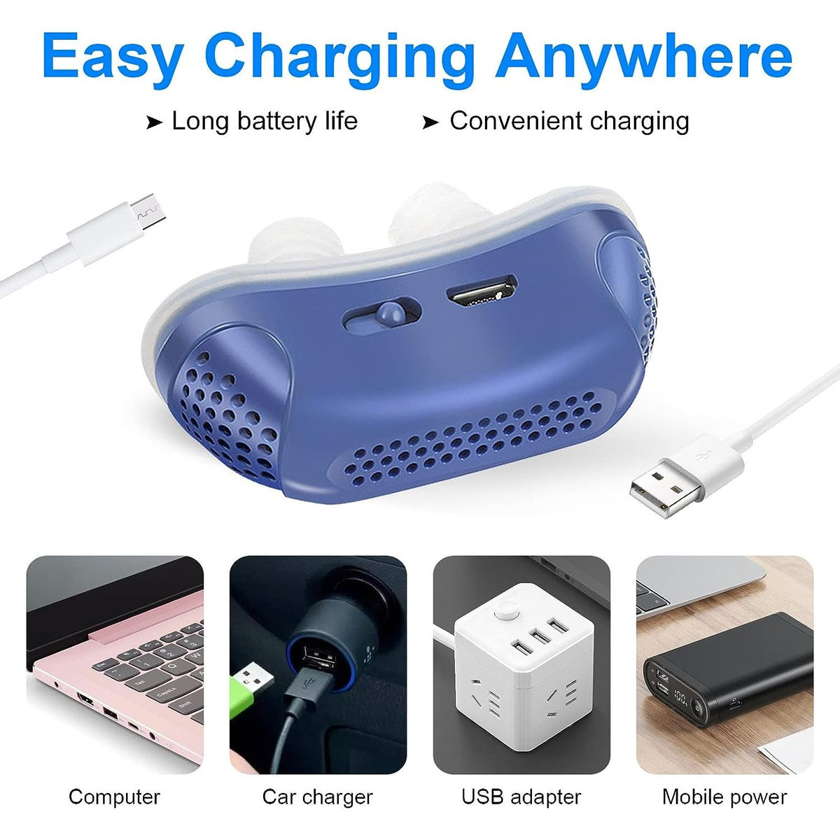 Blaues kompaktes Nasengerät mit Silikon-Aufsätzen und USB-Ladekabel