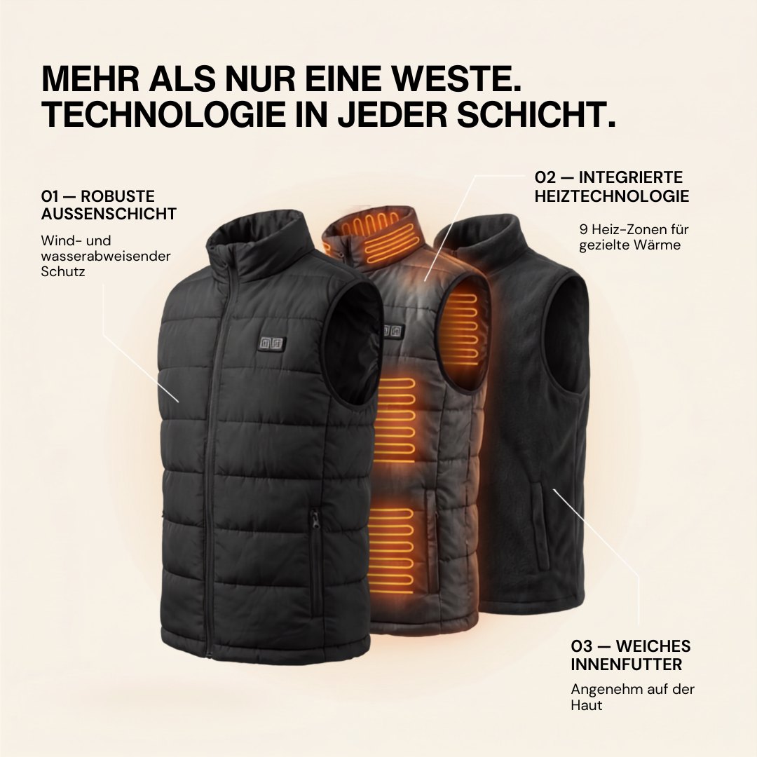 Schwarze beheizbare Herrenweste mit Reissverschluss, Umlegekragen und Taschen