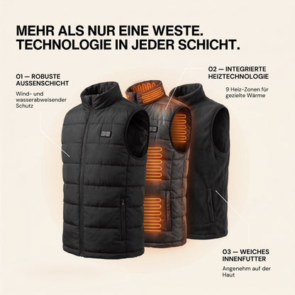 Schwarze beheizbare Herrenweste mit Reissverschluss, Umlegekragen und Taschen