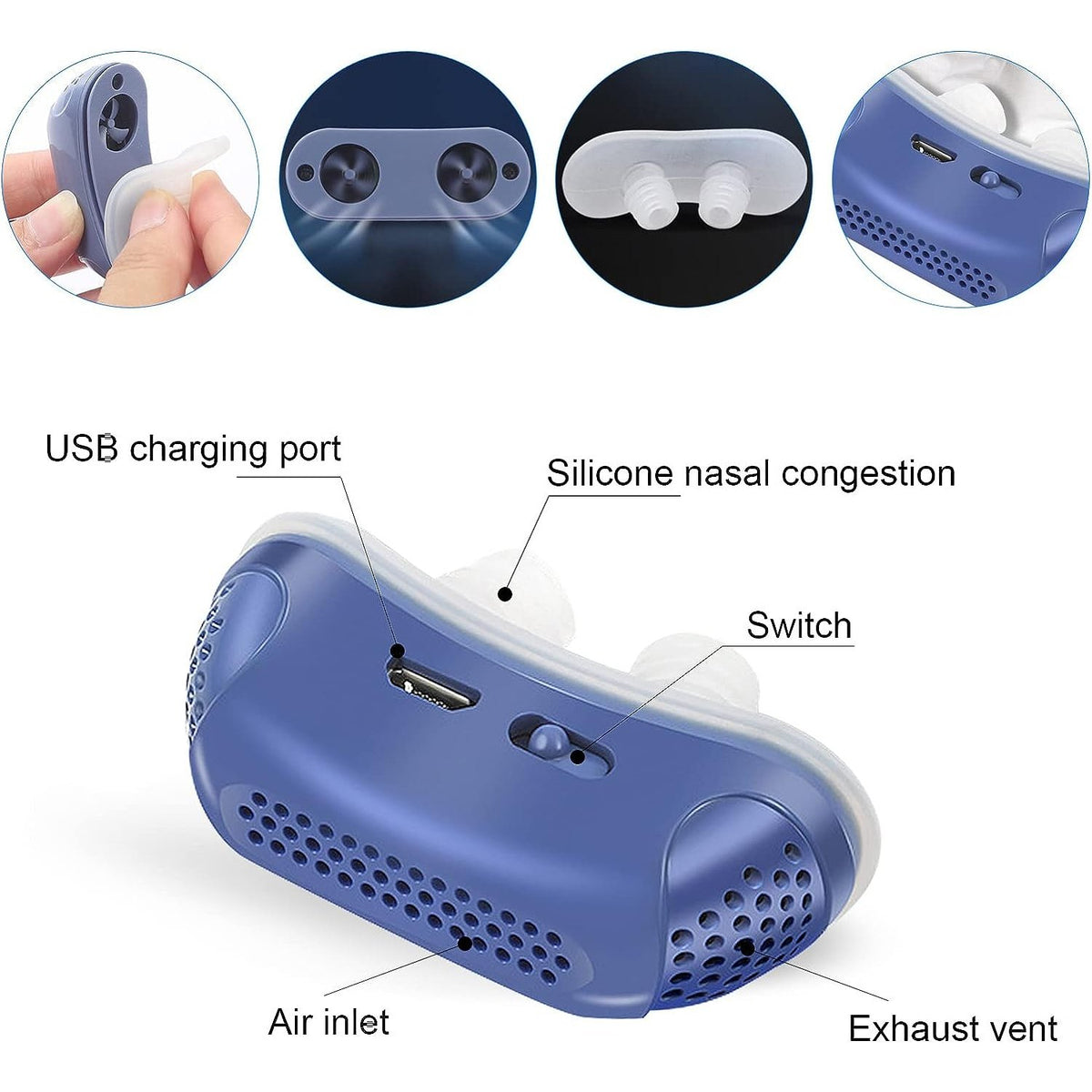 Blaues kompaktes Nasengerät mit Silikon-Aufsätzen und USB-Ladekabel