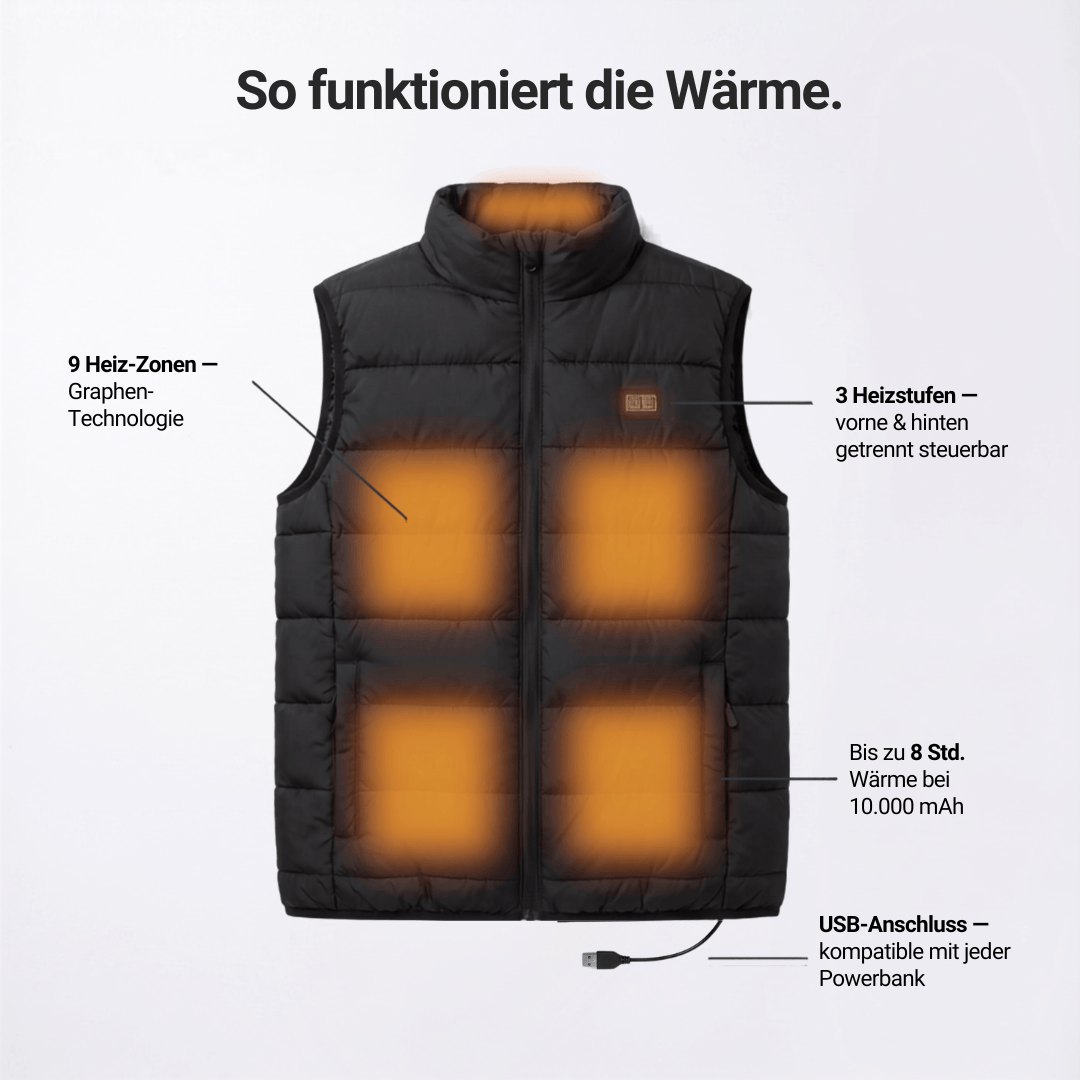 Schwarze beheizbare Herrenweste mit Reissverschluss, Umlegekragen und Taschen