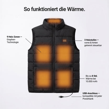 Schwarze beheizbare Herrenweste mit Reissverschluss, Umlegekragen und Taschen