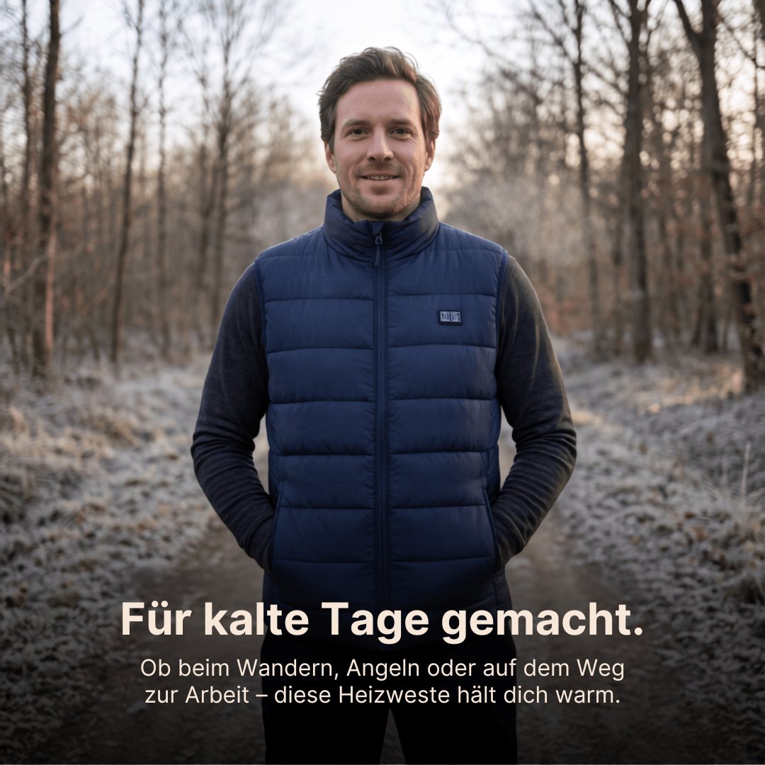 Schwarze beheizbare Herrenweste mit Reissverschluss, Umlegekragen und Taschen