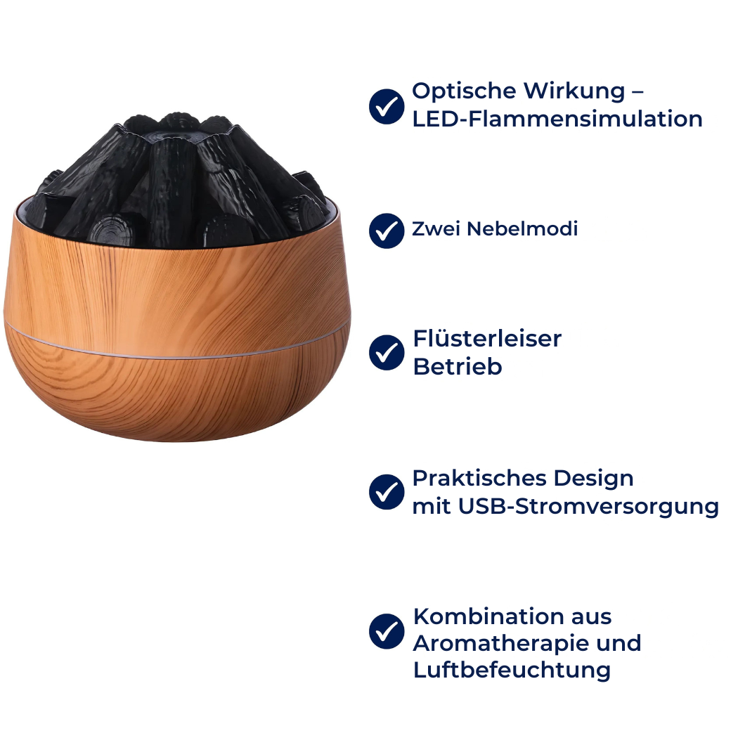 FlameMist | Diffuseur d'huiles essentielles – Flamme LED – Deux modes de brume – Design USB silencieux – Récipient de relaxation pour la maison