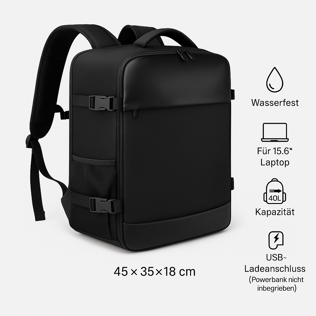 Reiserucksack 40L – Wasserfest, USB-Ladeanschluss &amp; Laptopfach 15.6