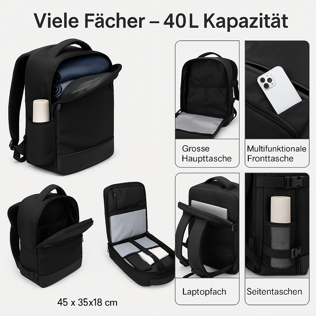 Reiserucksack 40L – Wasserfest, USB-Ladeanschluss &amp; Laptopfach 15.6
