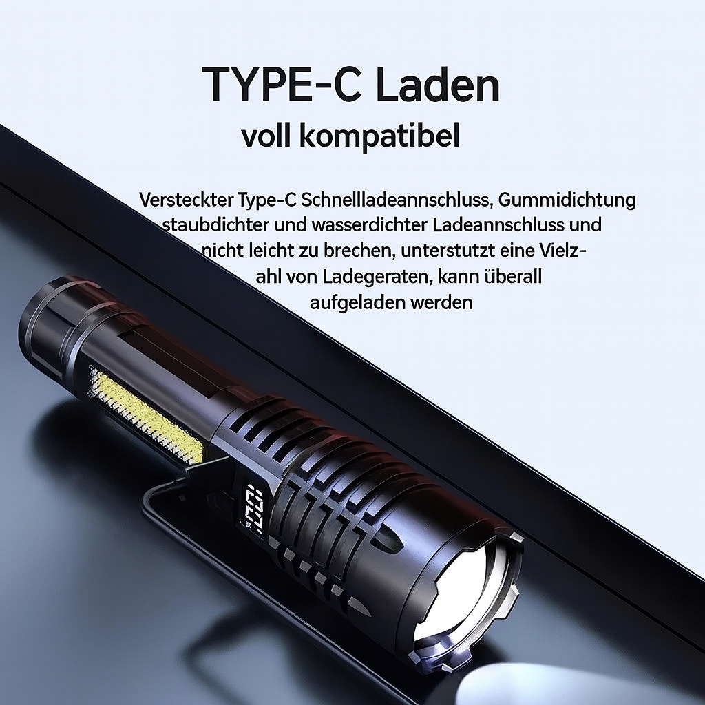 LED-Taschenlampe USB-C, Zoomleiste – 32.000 Lux, &gt;500 m Reichweite, 5 Modi, wasserdicht, 78 g
