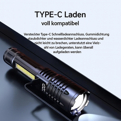 LED Taschenlampe USB-C, zoombar – 32 000 Lux, >500 m Reichweite, 5 Modi, wasserdicht, 78 g