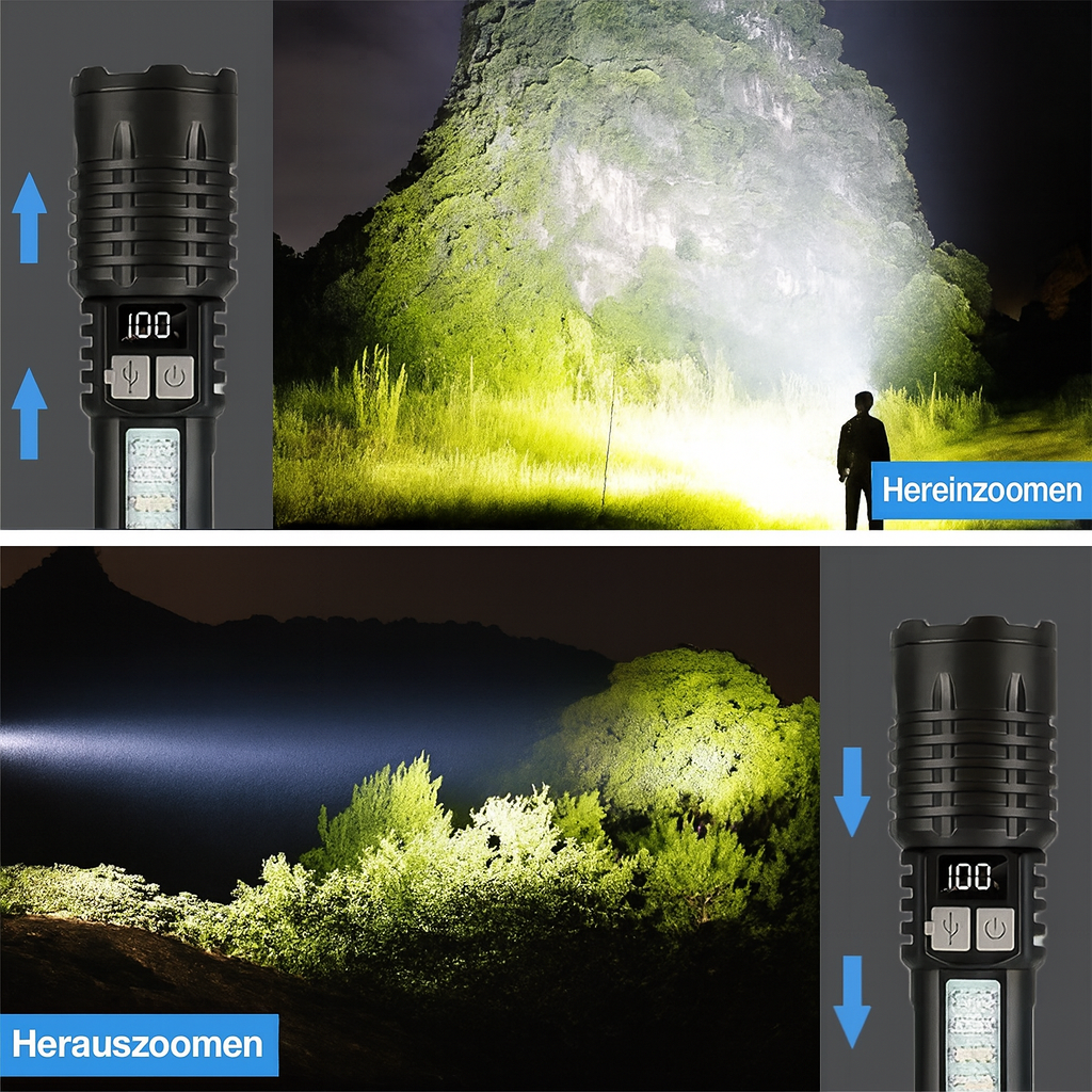 LED-Taschenlampe USB-C, Zoomleiste – 32.000 Lux, &gt;500 m Reichweite, 5 Modi, wasserdicht, 78 g