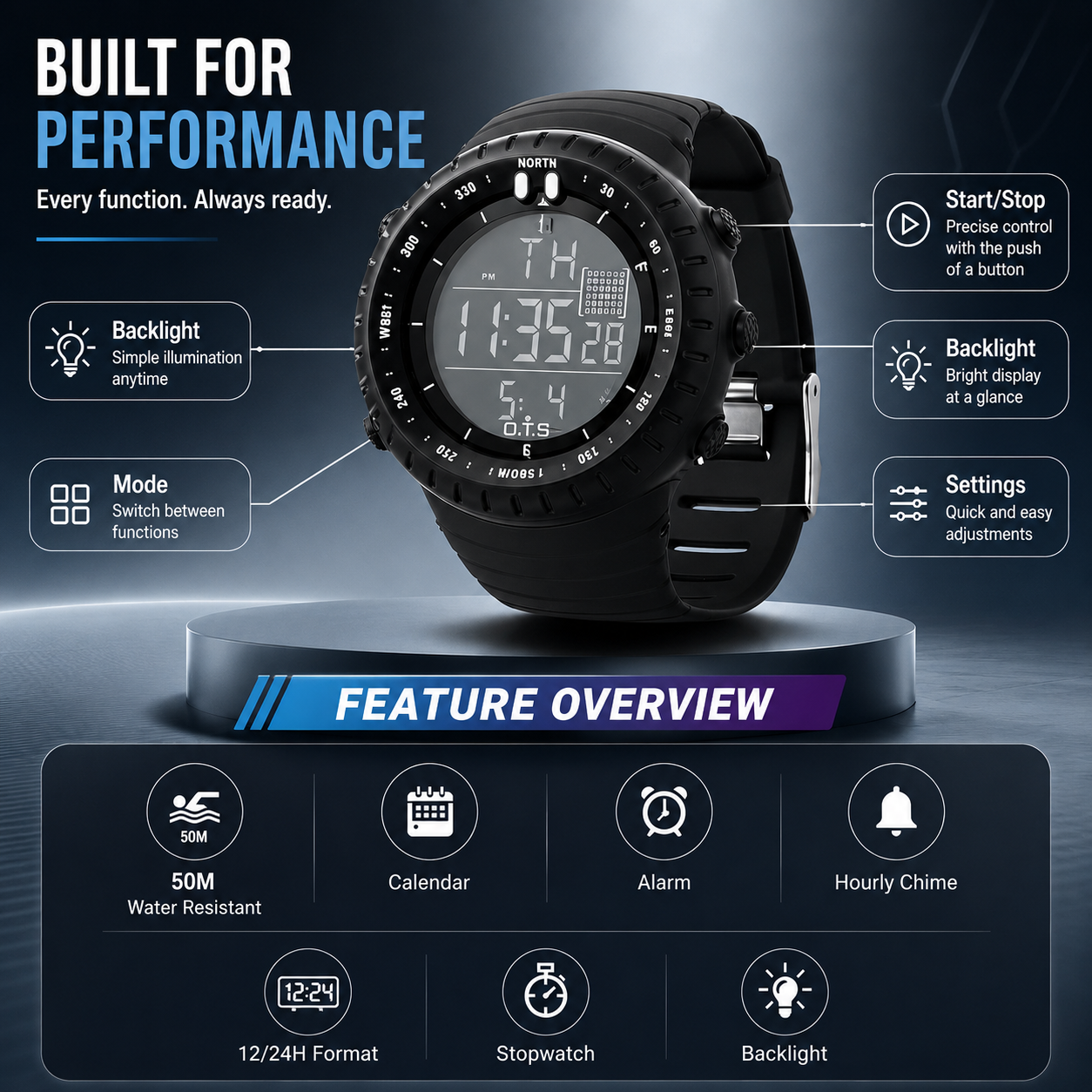 Montre de sport numérique étanche | Boîtier antichoc | Lumière LED, alarme et chronomètre | TidalPulse
