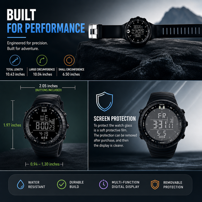 Montre de sport numérique étanche | Boîtier antichoc | Lumière LED, alarme et chronomètre | TidalPulse