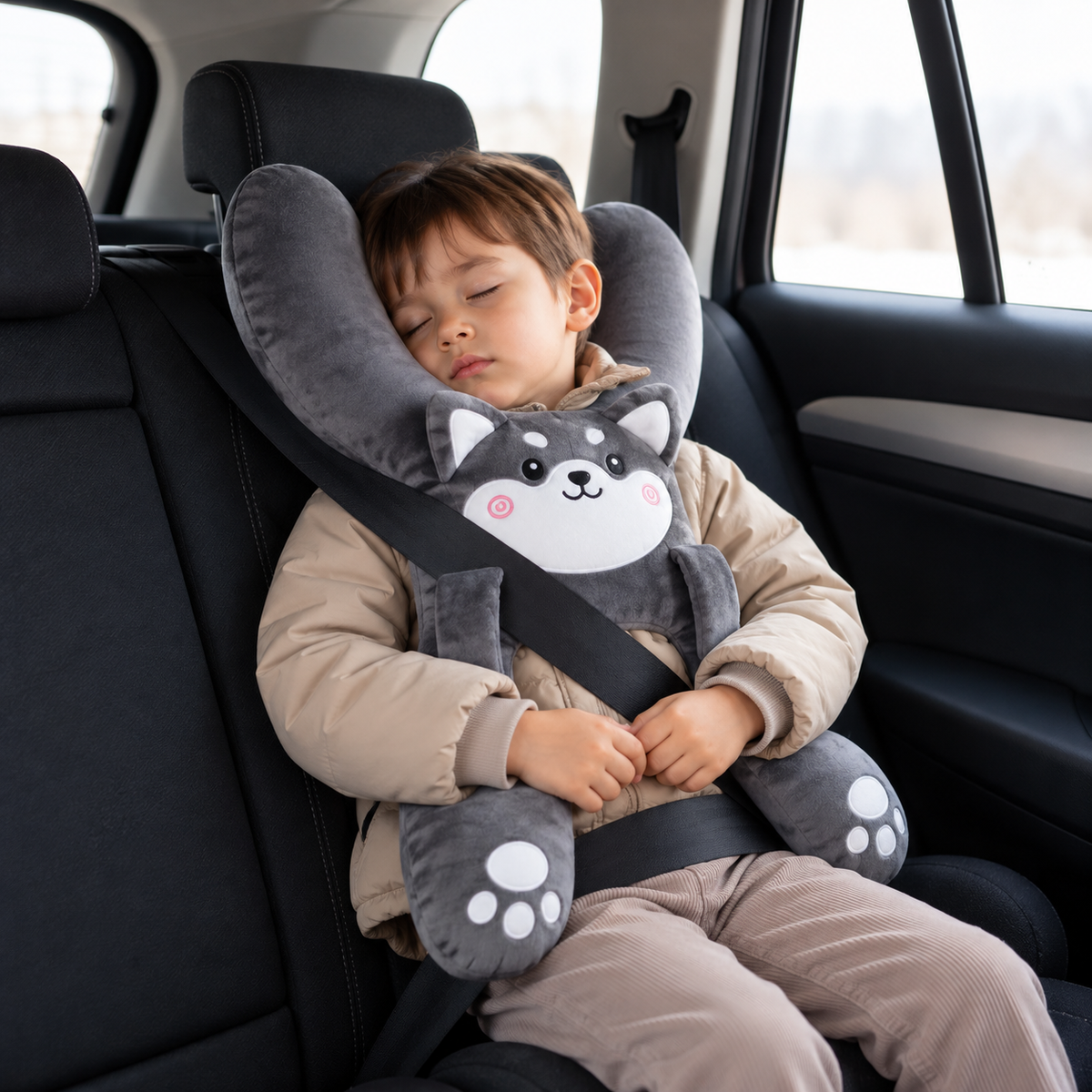 Reisekissen für Kinder mit Sicherheitsgurt-Befestigung – weiches Plüschtier-Nackenkissen, ca. 56 × 42 cm