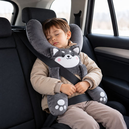 Reisekissen für Kinder mit Sicherheitsgurt-Befestigung – weiches Plüschtier-Nackenkissen, ca. 56 × 42 cm