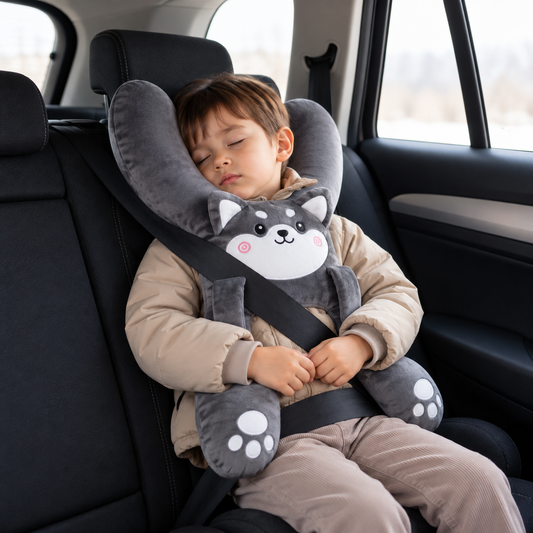 Reisekissen für Kinder mit Sicherheitsgurt-Befestigung – weiches Plüschtier-Nackenkissen, ca. 56 × 42 cm