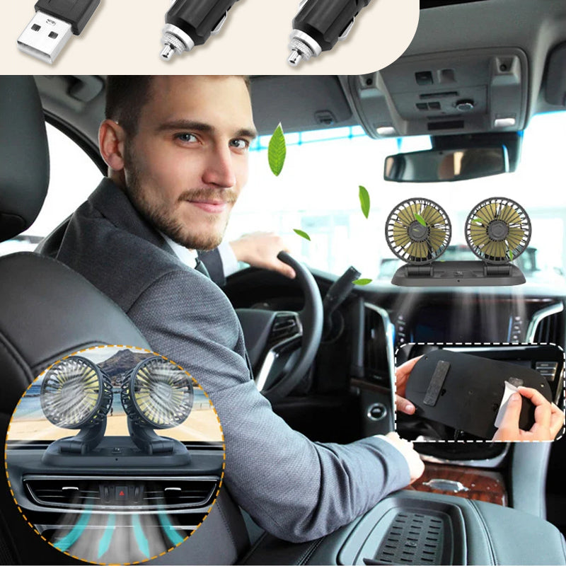 Doppellüfter für das Auto – 360° Rotation, 12V/24V/USB, leise
