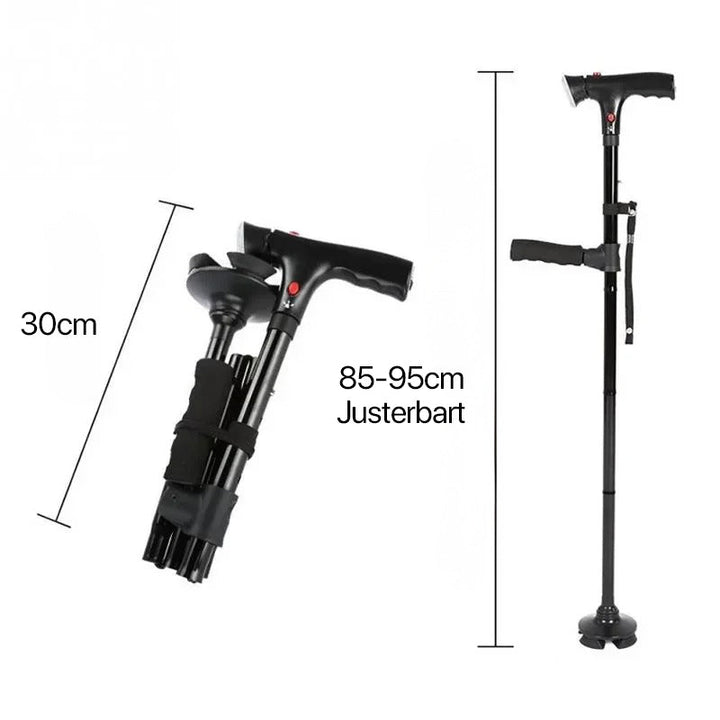 Canne pliable avec double poignée, lampe LED et alarme d’urgence – hauteur réglable, avec base à quatre pieds
