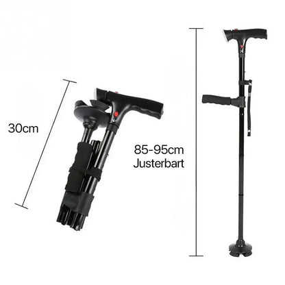 Canne pliable avec double poignée, lampe LED et alarme d’urgence – hauteur réglable, avec base à quatre pieds
