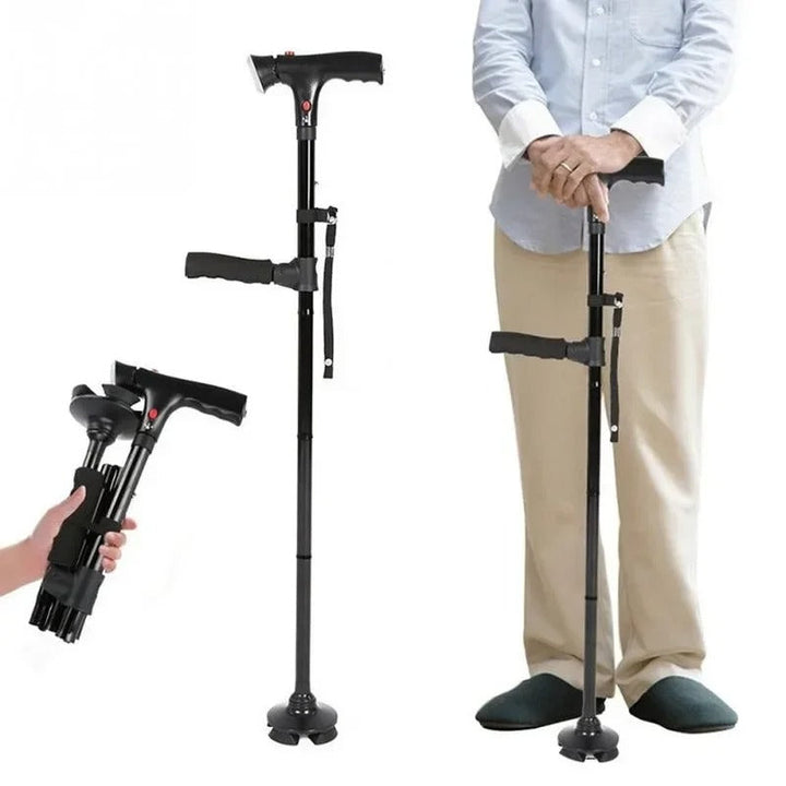 Canne pliable avec double poignée, lampe LED et alarme d’urgence – hauteur réglable, avec base à quatre pieds