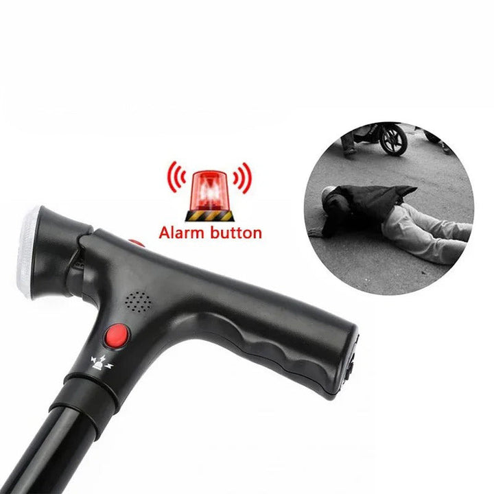 Canne pliable avec double poignée, lampe LED et alarme d’urgence – hauteur réglable, avec base à quatre pieds