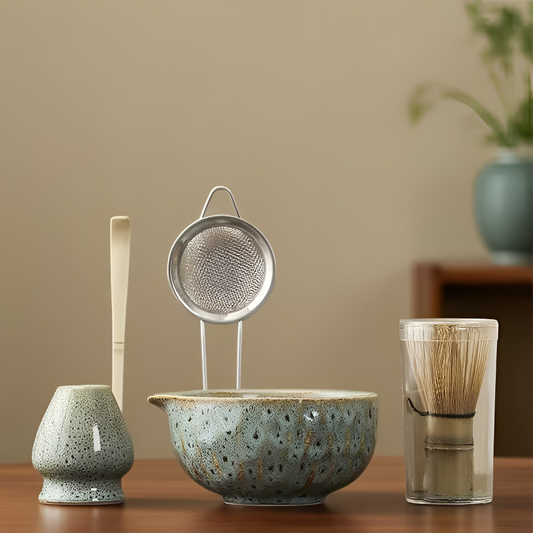 Set de matcha 5 pièces | Bol en céramique fabriqué à la main | Service à thé japonais | Avec accessoires en bambou