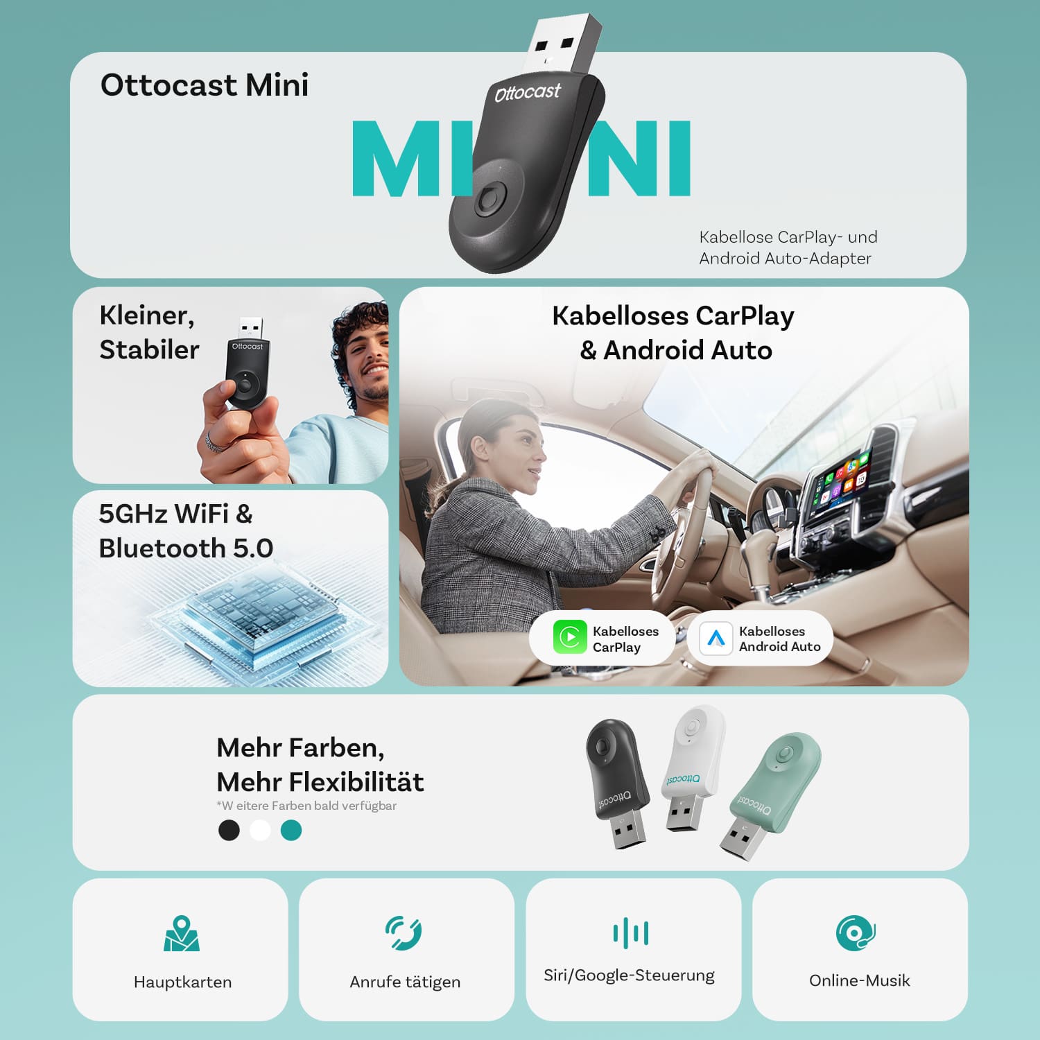 Ottocast® 2025 Mini Wireless CarPlay und Android Auto Adapter