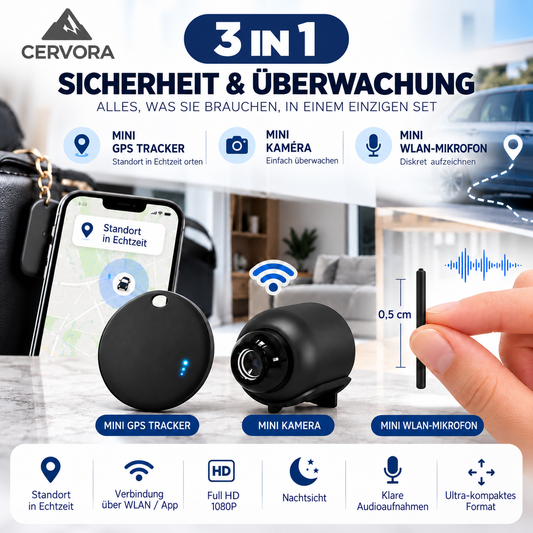 Cervora 3-in-1 Sicherheits- & Ortungsset – GPS-Tracker, Mini-Kamera & Mini-Mikrofon