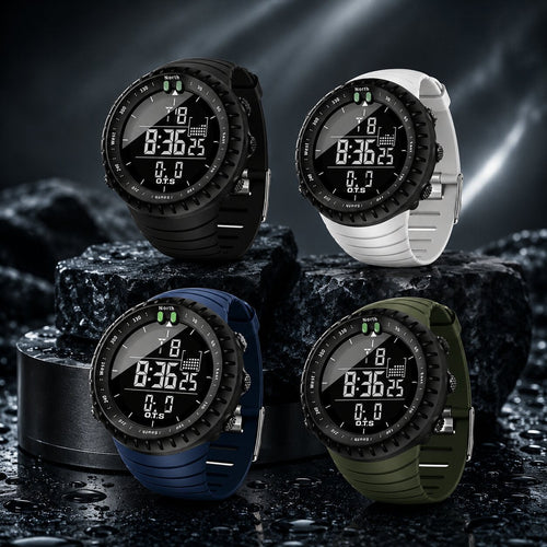 Montre de sport numérique étanche | Boîtier antichoc | Lumière LED, alarme et chronomètre | TidalPulse