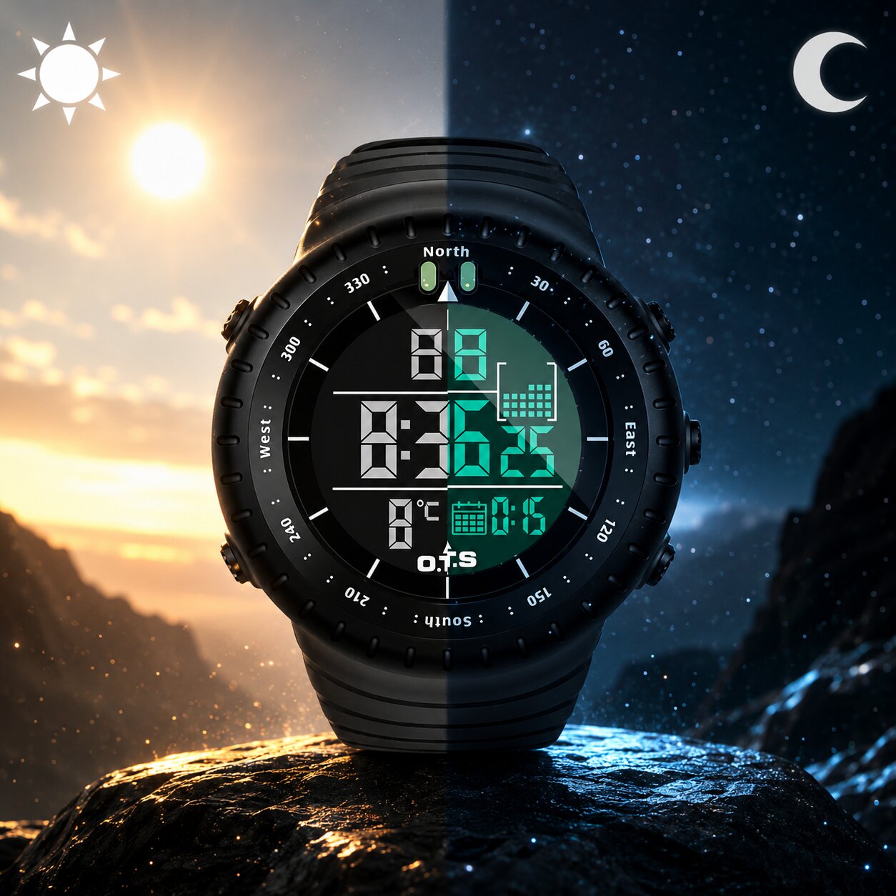Montre de sport numérique étanche | Boîtier antichoc | Lumière LED, alarme et chronomètre | TidalPulse