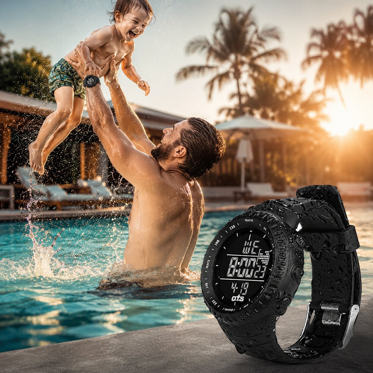 Montre de sport numérique étanche | Boîtier antichoc | Lumière LED, alarme et chronomètre | TidalPulse