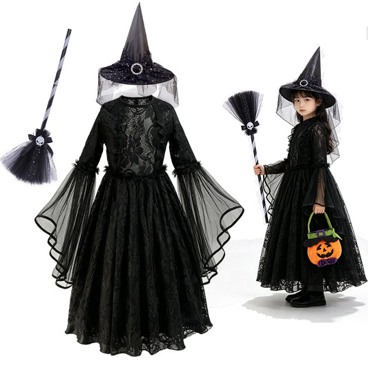 Costume de sorcière gothique pour filles, ensemble robe de sorcière à manches évasées en dentelle avec chapeau, balai et sac citrouille, tenue de cosplay pour carnaval