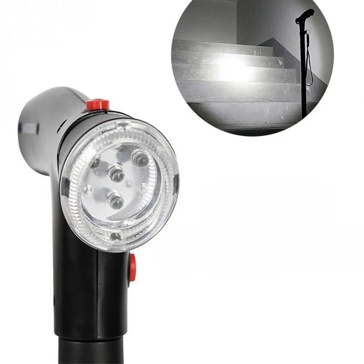 Canne pliable avec double poignée, lampe LED et alarme d’urgence – hauteur réglable, avec base à quatre pieds
