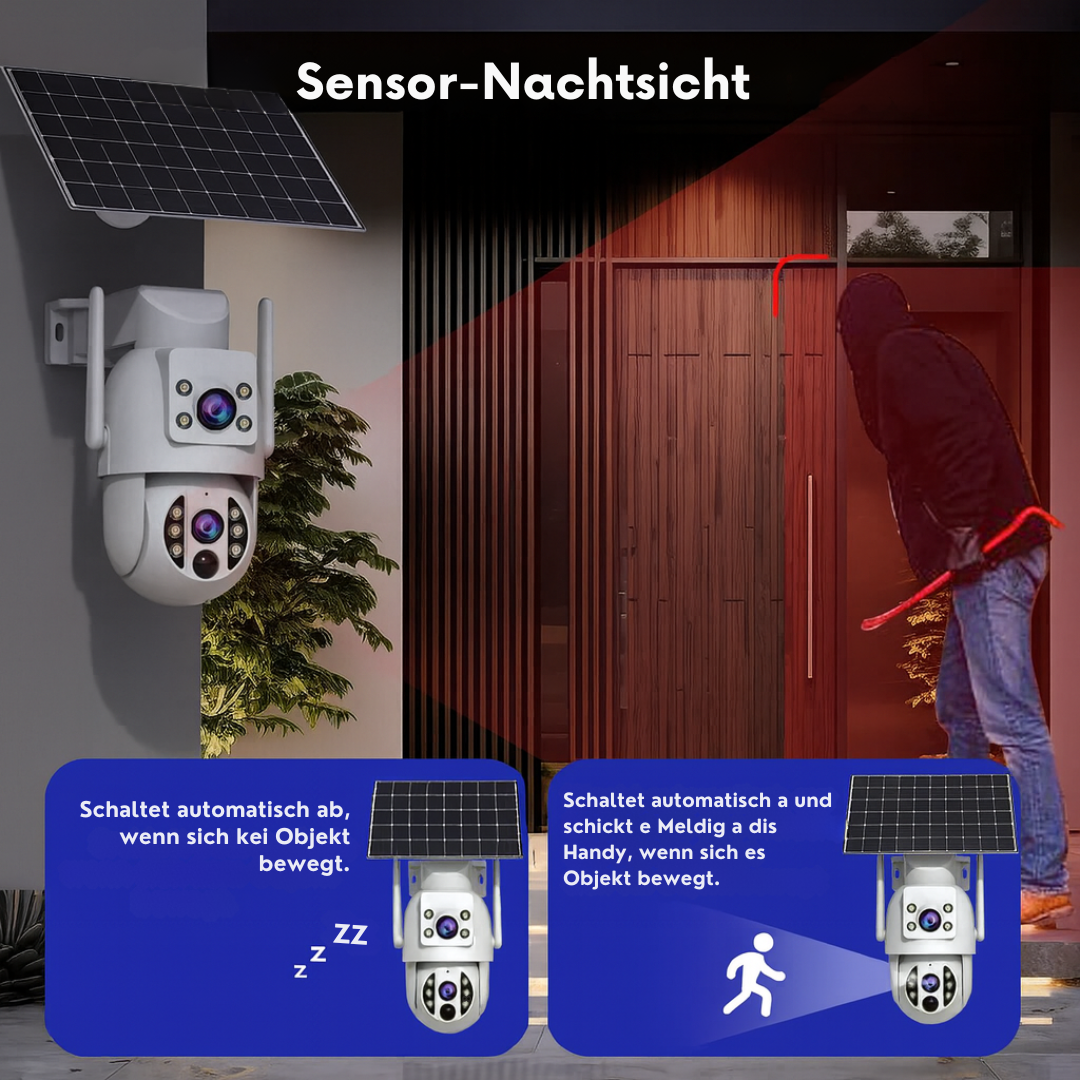 Solar Überwachungskamera 4K – Intelligente Nachtsicht &amp; Bewegungserkennung | WLAN-Kamera mit Akku &amp; Solarpanel