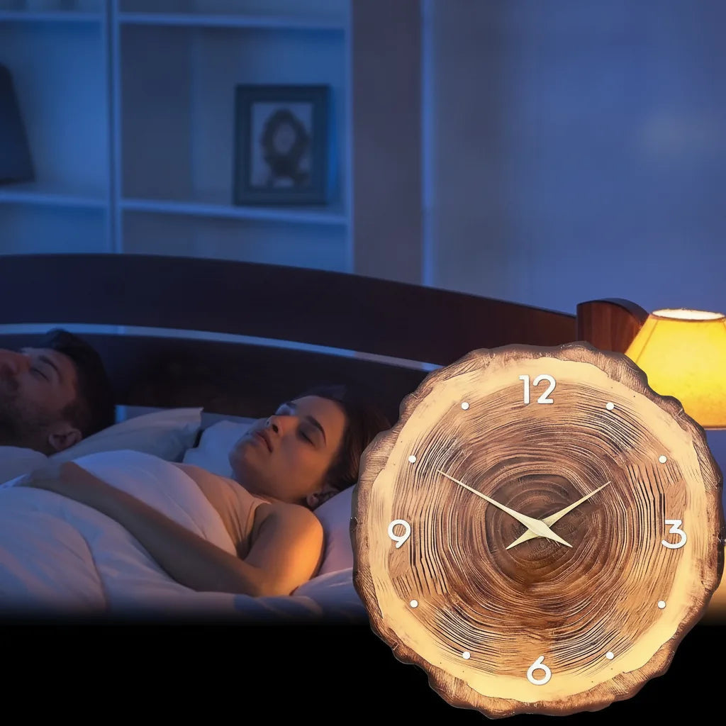 Horloge murale en forme de tranche d'arbre avec mécanisme silencieux