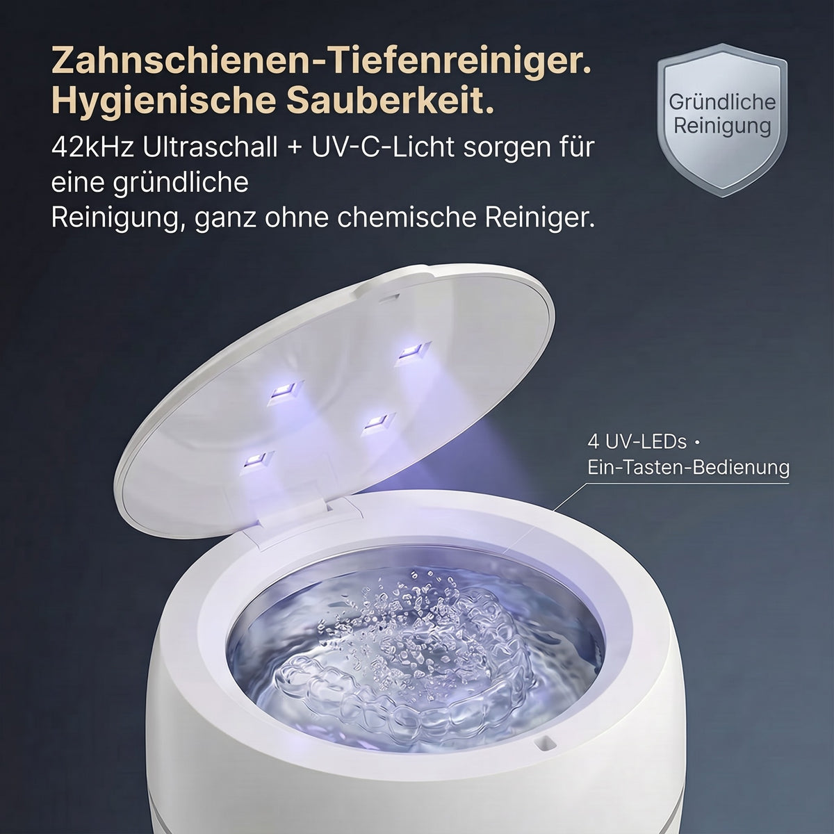Ultraschallreiniger für Zahnspangen und Aligner mit UVC-Lampe, 42 kHz, Zyklus 5 oder 10 Minuten