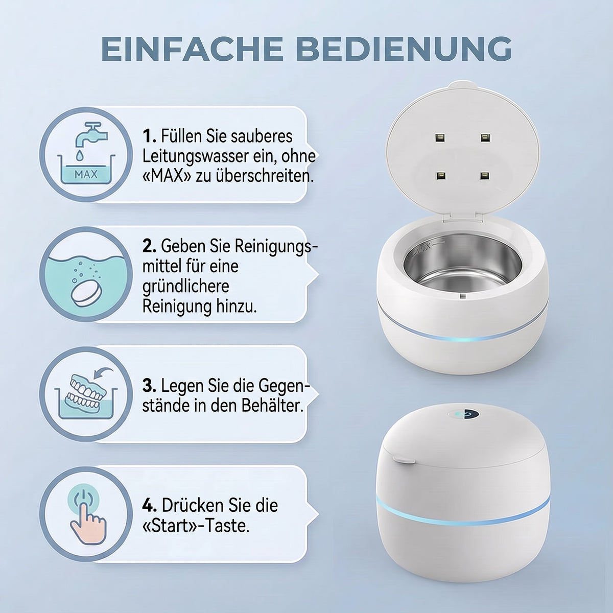 Ultraschallreiniger für Zahnspangen und Aligner mit UVC-Lampe, 42 kHz, Zyklus 5 oder 10 Minuten